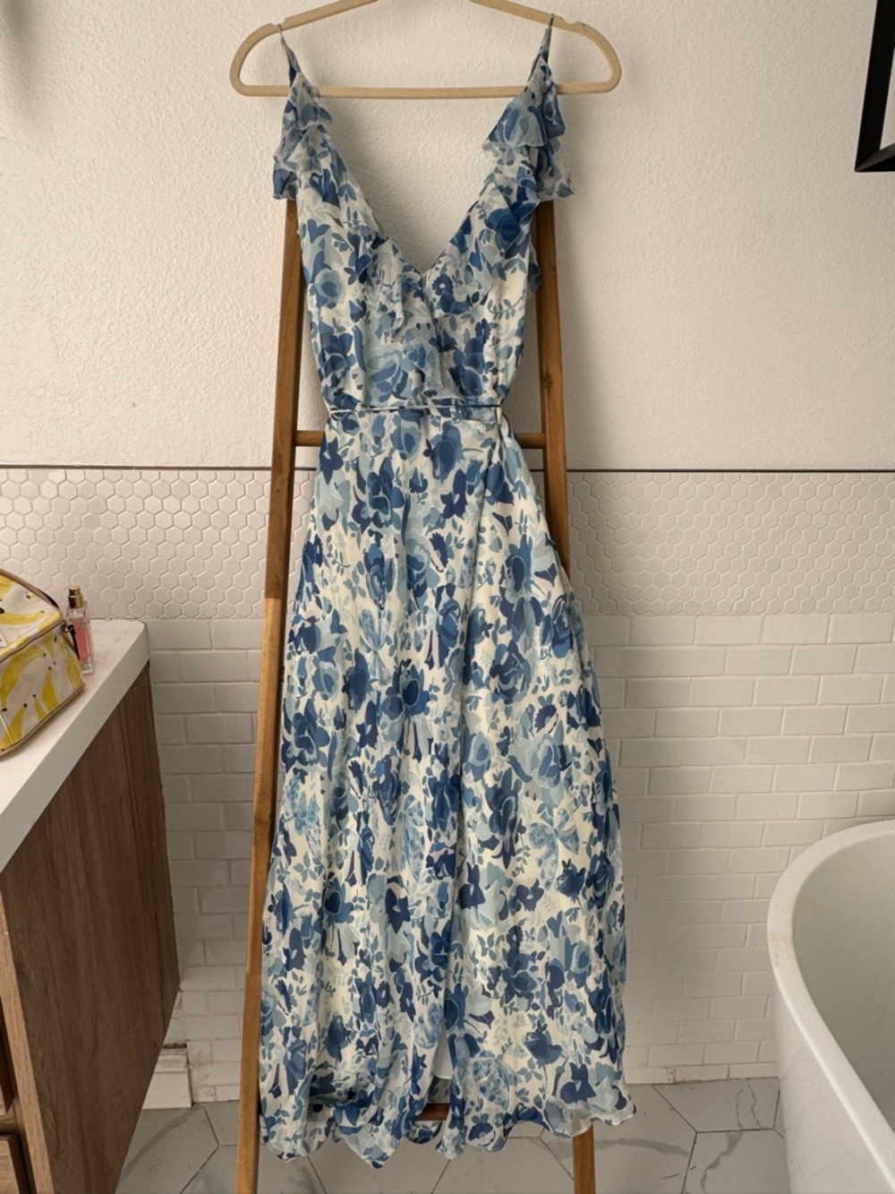 Polo by Ralph Lauren Blue & White Floral V-Neck Maxi Dress- silk - Picture 6 of 13